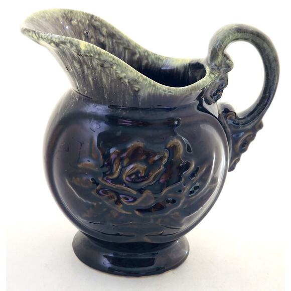 HULL POTTERY-PITCHER-VASE-Brown/Green Drip Glaze-Embossed-Large Pouring Lip - Picture 2 of 10